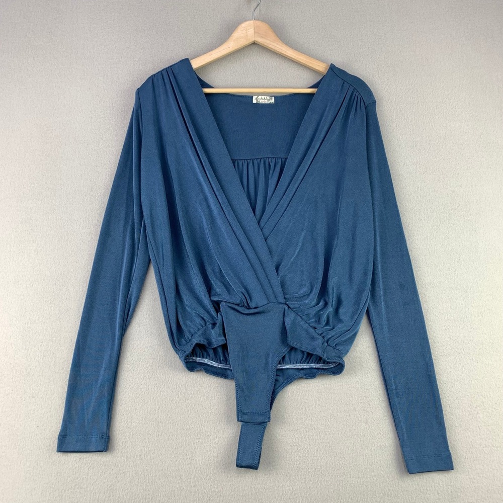 Free People Intimately Turnt Bodysuit Womens Small Blue Wrap Long Sleeve Top